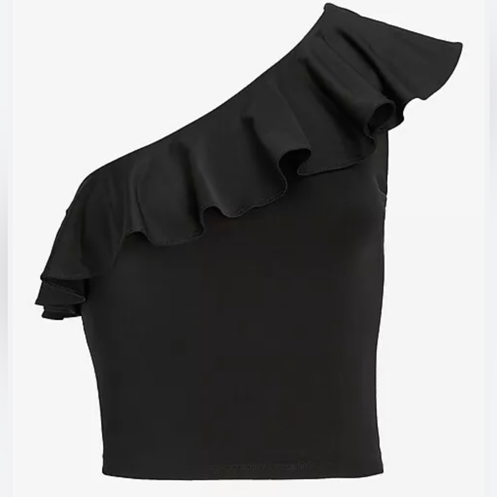 Express Body Contour Silky Ruffle One Shoulder Cropped Tank, Black, Large